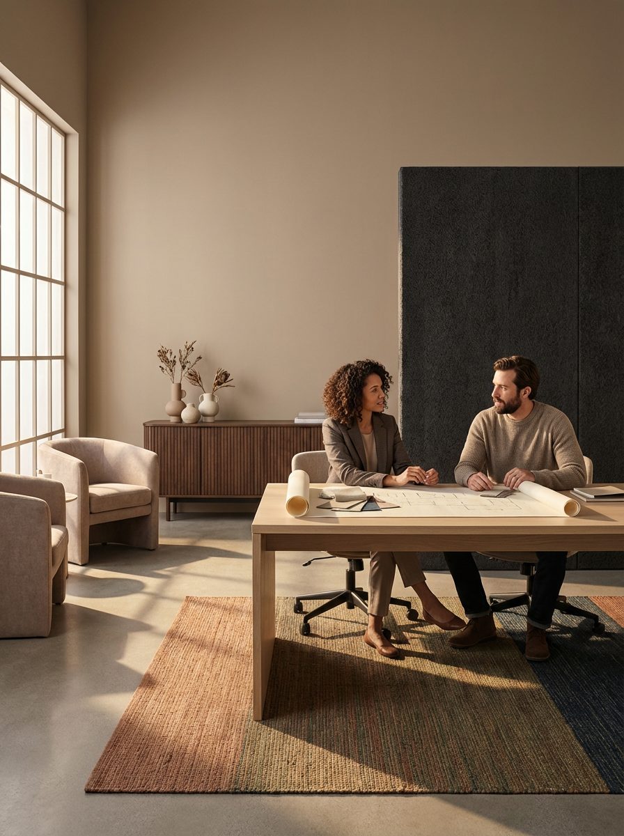 Two colleagues talking through plans together at a desk in a warm, sunlit office